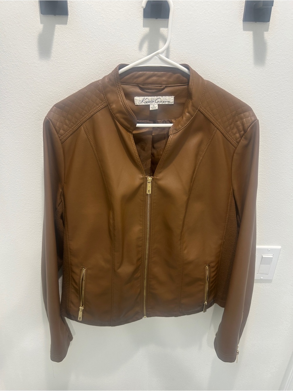 Kenneth Cole Cognac Brown Faux Leather Zip Front Jacket
